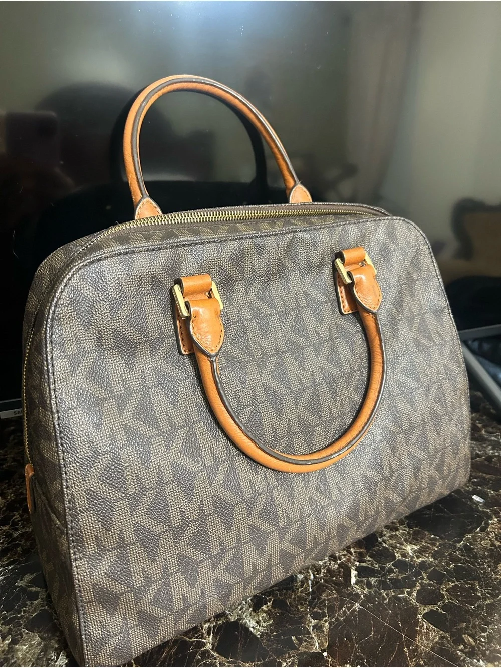 Michael Kors Brown MK Logo Satchel with Tan Handles and Gold Accent